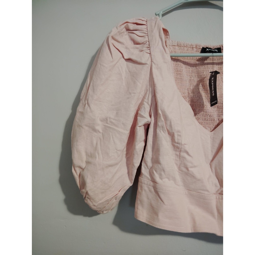 Express Womens Light Pink Puff Sleeve V-Neck Linen Blend Crop Top Size Small - Picture 2 of 5